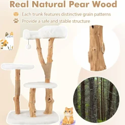 Tangkula Solid Wood Cat Tree, Modern Wooden Cat Tower with Perch, Jute Scratching Posts, Dangling Ball