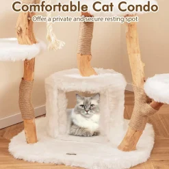 Tangkula Solid Wood Cat Tree, Modern Wooden Cat Tower with Jute Scratching Posts