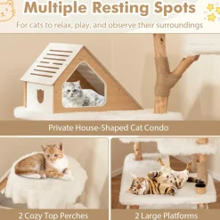 Tangkula Solid Wood Cat Tree, Modern Wooden Cat Tower with Jute Scratching Posts, 2 Perches, Condo