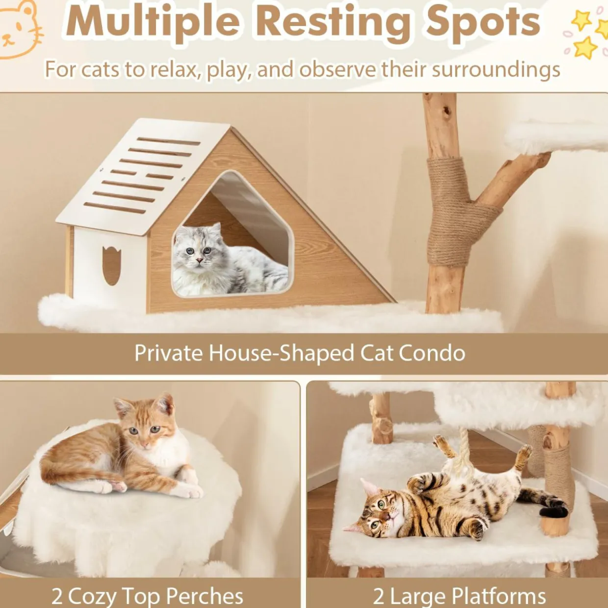 Tangkula Solid Wood Cat Tree, Modern Wooden Cat Tower with Jute Scratching Posts, 2 Perches, Condo