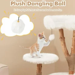 Tangkula Solid Wood Cat Tree, Modern Wooden Cat Tower with Perch, Jute Scratching Posts, Dangling Ball