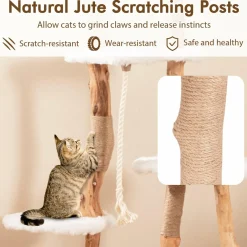 Tangkula Solid Wood Cat Tree, Modern Wooden Cat Tower with Jute Scratching Posts