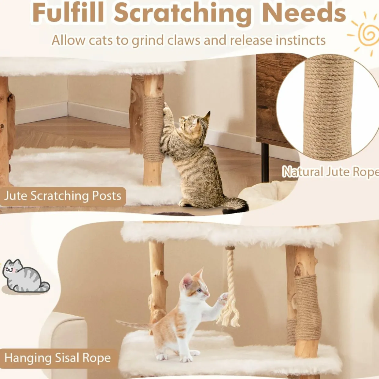 Tangkula Solid Wood Cat Tree, Modern Wooden Cat Tower with Jute Scratching Posts, 2 Perches, Condo