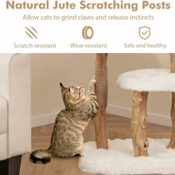 Tangkula Solid Wood Cat Tree, Modern Wooden Cat Tower with Perch, Jute Scratching Posts, Dangling Ball