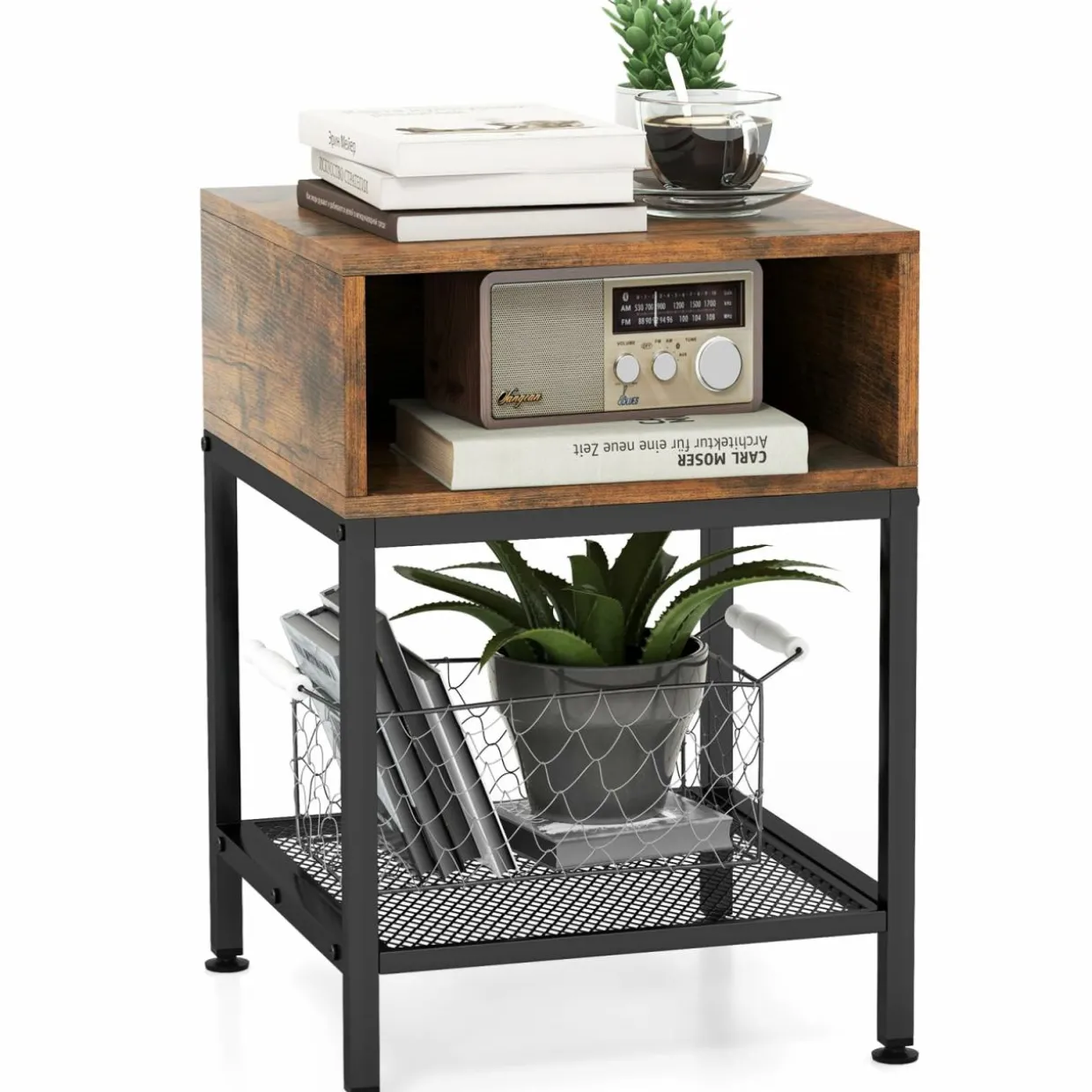 Tangkula Square End Table, 16” Wood Top Sofa Side Table with Metal Frame, Storage Cube & Mesh Shelf