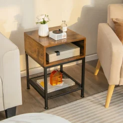 Tangkula Square End Table, 16” Wood Top Sofa Side Table with Metal Frame, Storage Cube & Mesh Shelf