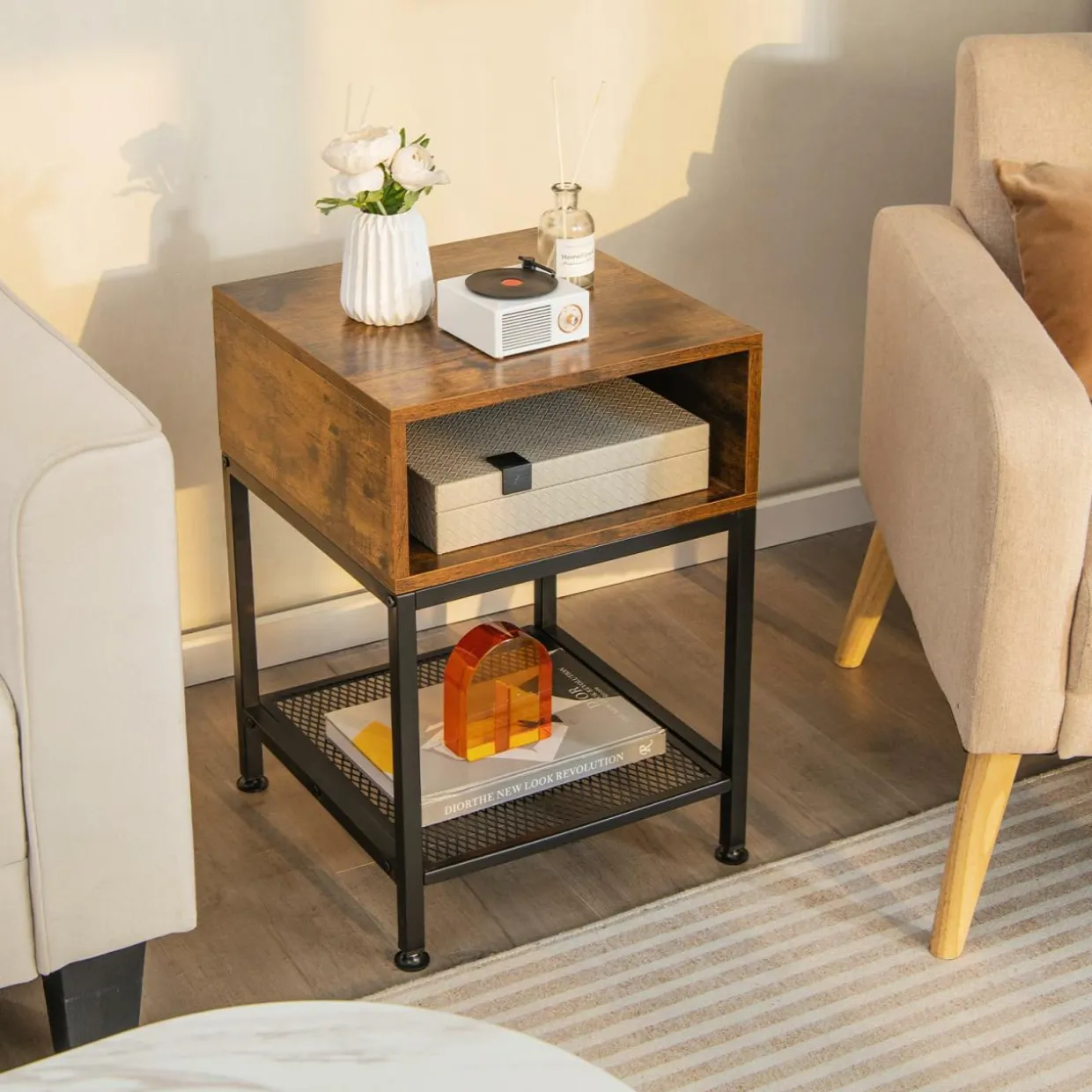 Tangkula Square End Table, 16” Wood Top Sofa Side Table with Metal Frame, Storage Cube & Mesh Shelf