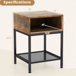 Tangkula Square End Table, 16” Wood Top Sofa Side Table with Metal Frame, Storage Cube & Mesh Shelf