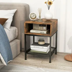 Tangkula Square End Table, 16” Wood Top Sofa Side Table with Metal Frame, Storage Cube & Mesh Shelf