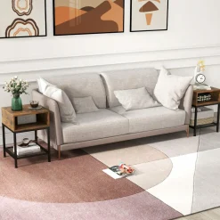 Tangkula Square End Table, 16” Wood Top Sofa Side Table with Metal Frame, Storage Cube & Mesh Shelf