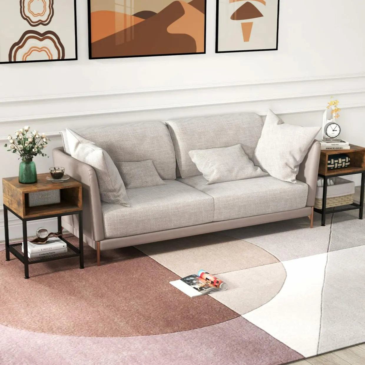 Tangkula Square End Table, 16” Wood Top Sofa Side Table with Metal Frame, Storage Cube & Mesh Shelf