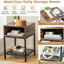 Tangkula Square End Table, 16” Wood Top Sofa Side Table with Metal Frame, Storage Cube & Mesh Shelf