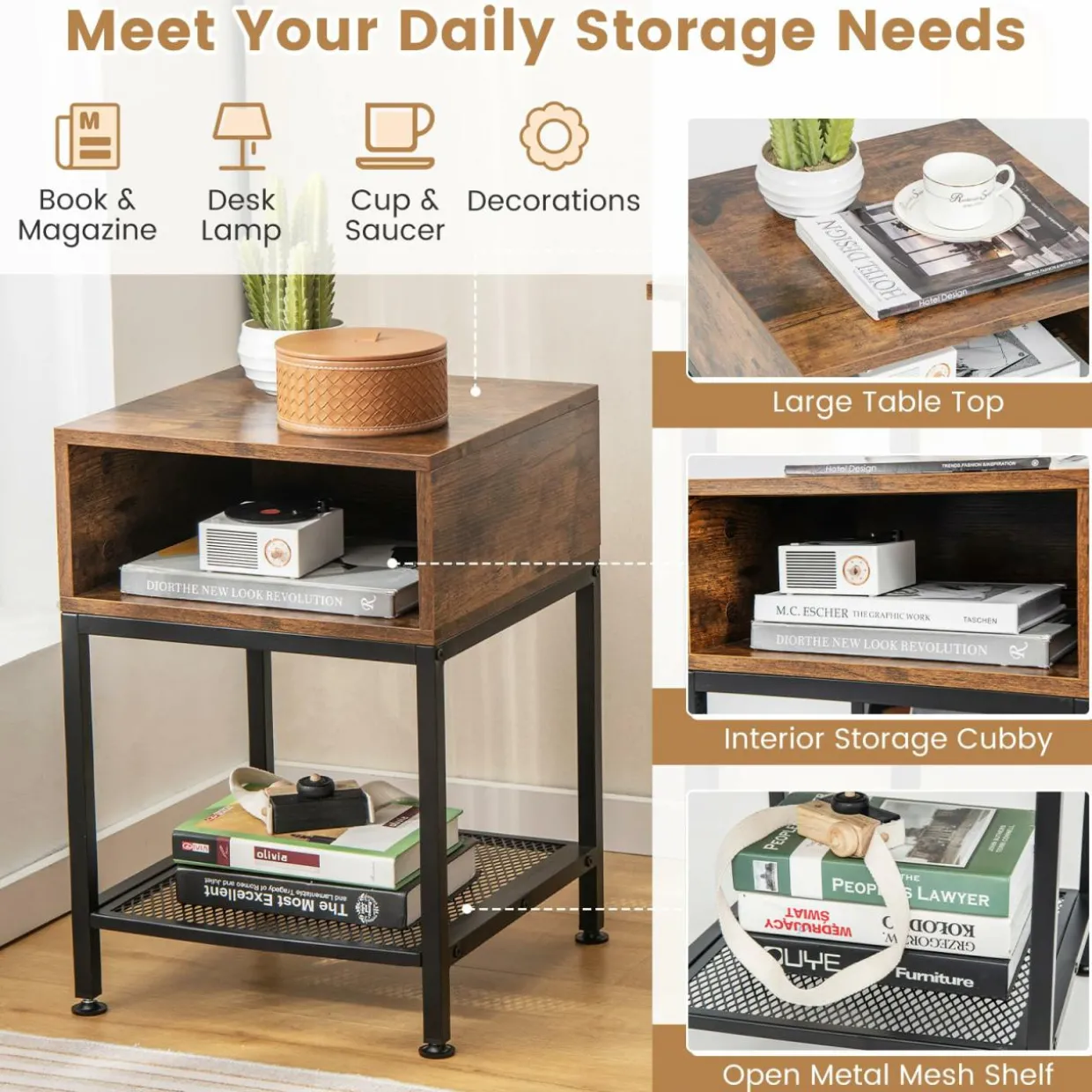 Tangkula Square End Table, 16” Wood Top Sofa Side Table with Metal Frame, Storage Cube & Mesh Shelf