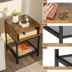 Tangkula Square End Table, 16” Wood Top Sofa Side Table with Metal Frame, Storage Cube & Mesh Shelf