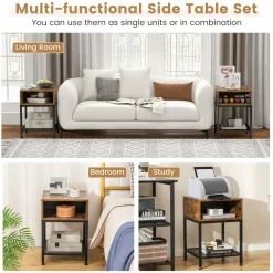 Tangkula Square End Table, 16” Wood Top Sofa Side Table with Metal Frame, Storage Cube & Mesh Shelf