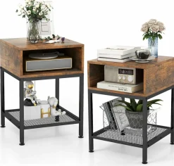 Tangkula Square End Table, 16” Wood Top Sofa Side Table with Metal Frame, Storage Cube & Mesh Shelf
