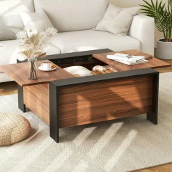 Tangkula Square Farmhouse Coffee Table with Hidden Storage