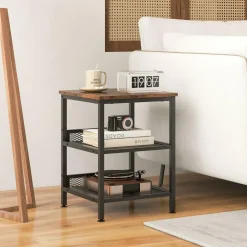 Tangkula Square Side Table, 3-Tier Nightstand with Dual Mesh Shelves, Industrial End Table for Living Room