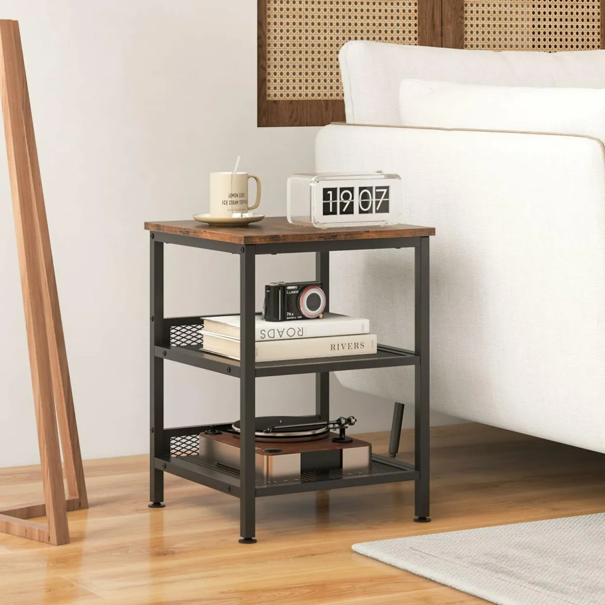 Tangkula Square Side Table, 3-Tier Nightstand with Dual Mesh Shelves, Industrial End Table for Living Room