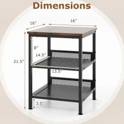 Tangkula Square Side Table, 3-Tier Nightstand with Dual Mesh Shelves, Industrial End Table for Living Room