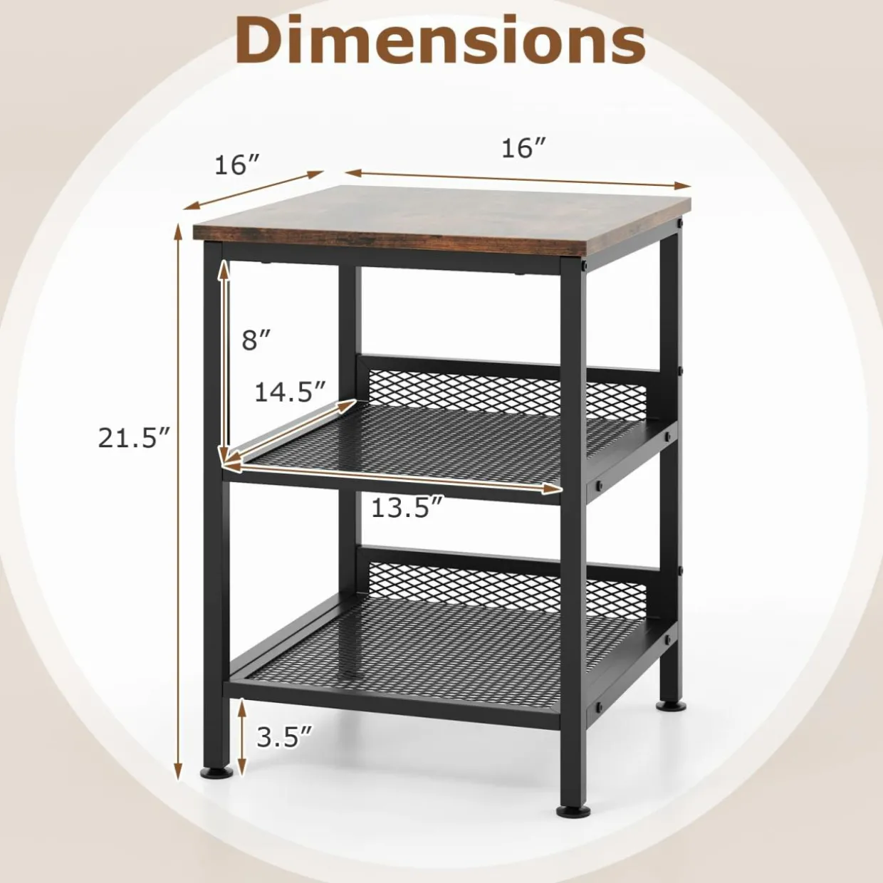 Tangkula Square Side Table, 3-Tier Nightstand with Dual Mesh Shelves, Industrial End Table for Living Room