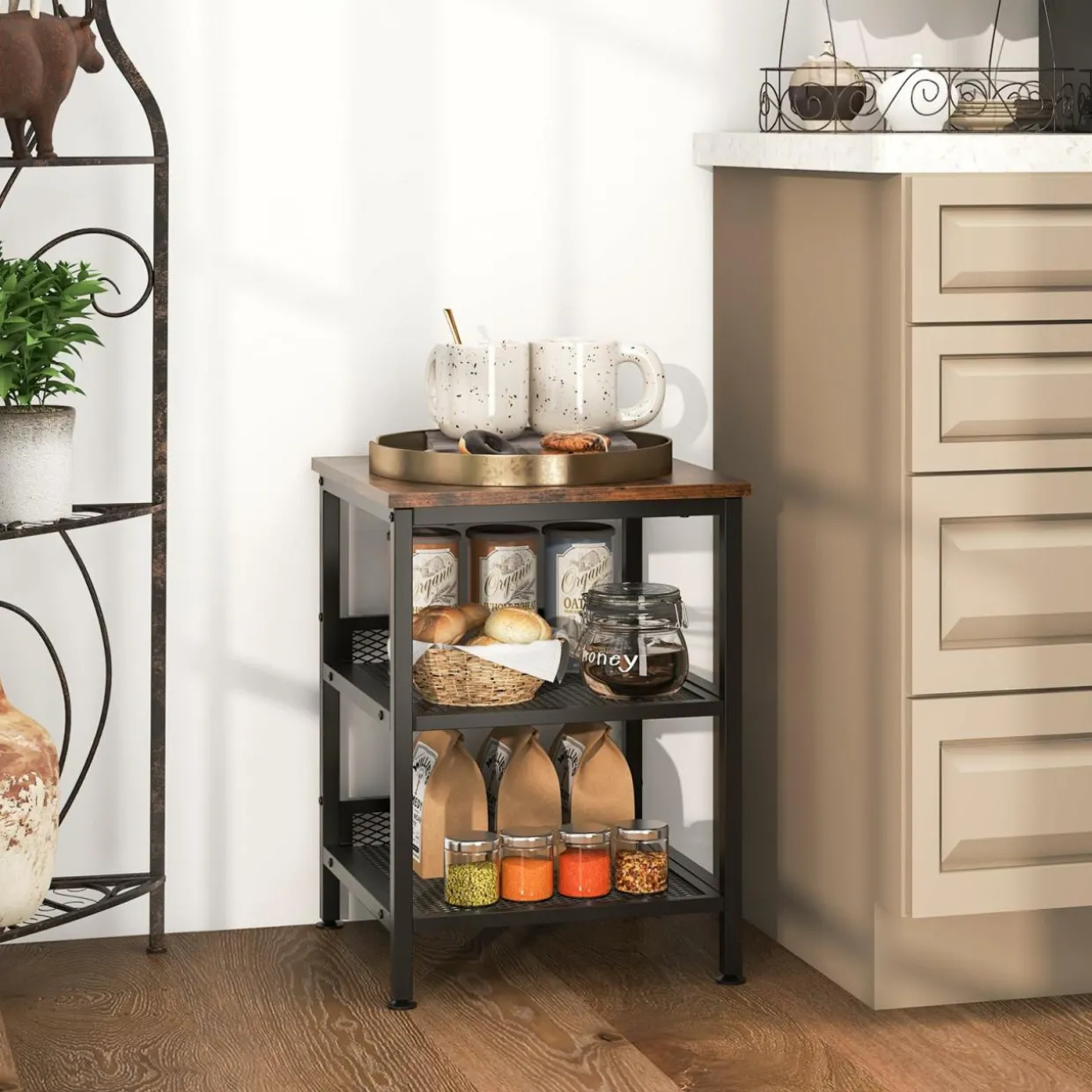 Tangkula Square Side Table, 3-Tier Nightstand with Dual Mesh Shelves, Industrial End Table for Living Room
