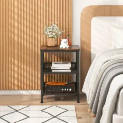 Tangkula Square Side Table, 3-Tier Nightstand with Dual Mesh Shelves, Industrial End Table for Living Room