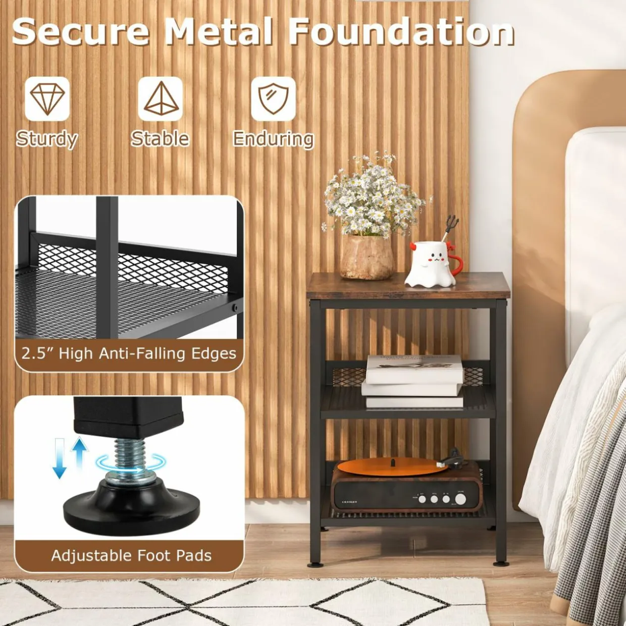 Tangkula Square Side Table, 3-Tier Nightstand with Dual Mesh Shelves, Industrial End Table for Living Room