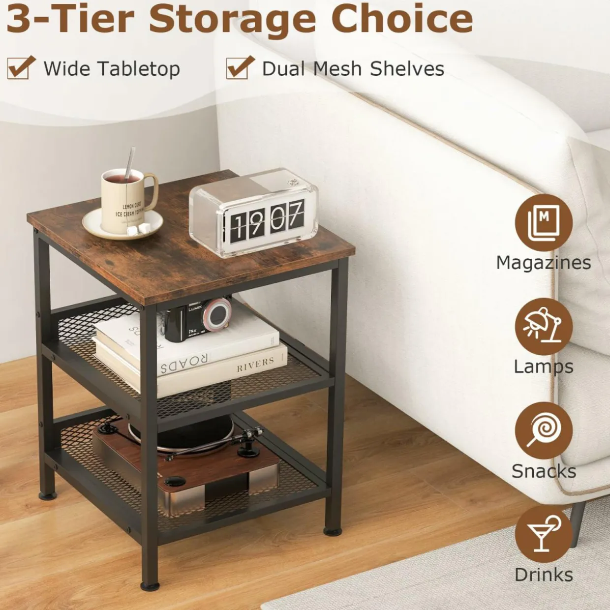 Tangkula Square Side Table, 3-Tier Nightstand with Dual Mesh Shelves, Industrial End Table for Living Room