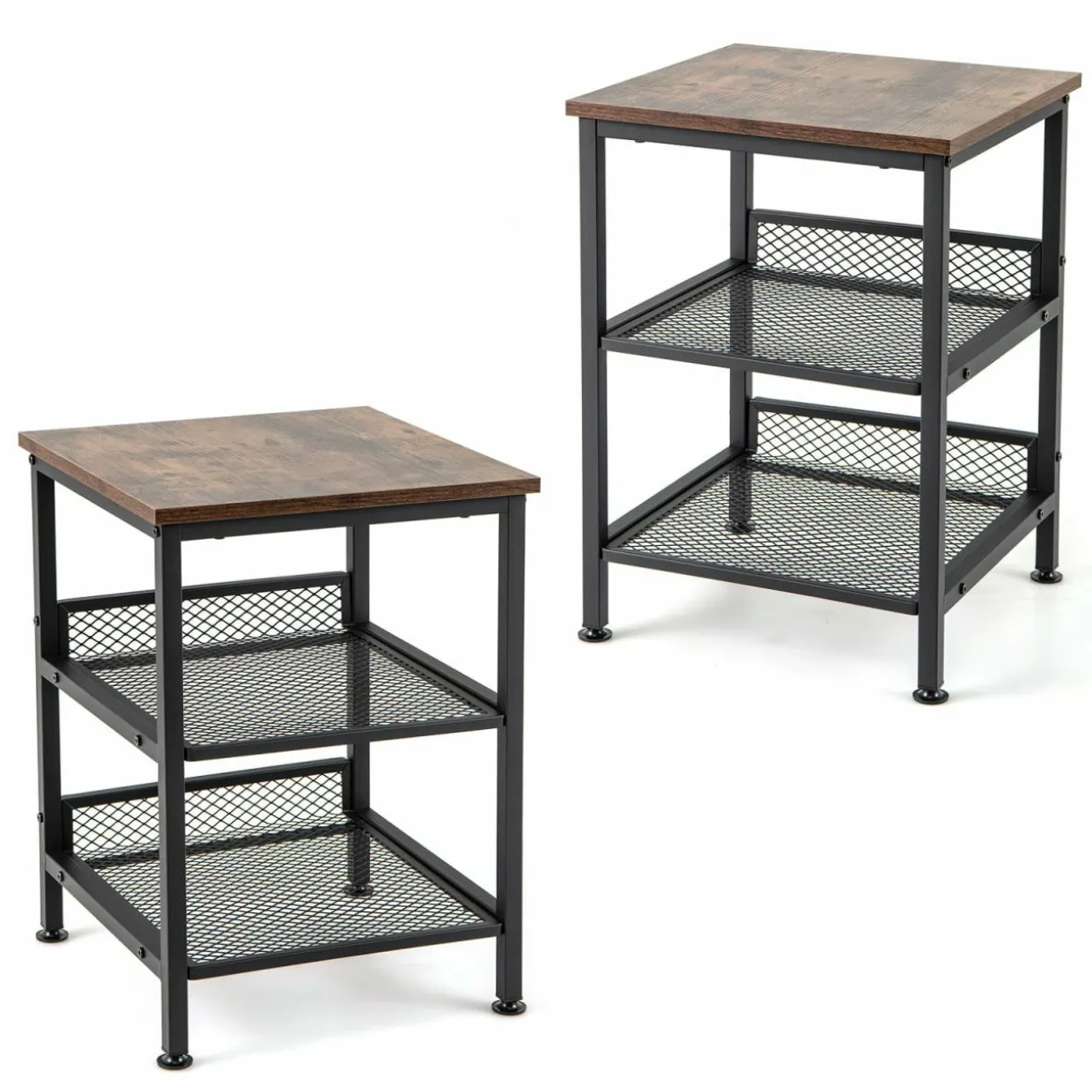 Tangkula Square Side Table, 3-Tier Nightstand with Dual Mesh Shelves, Industrial End Table for Living Room