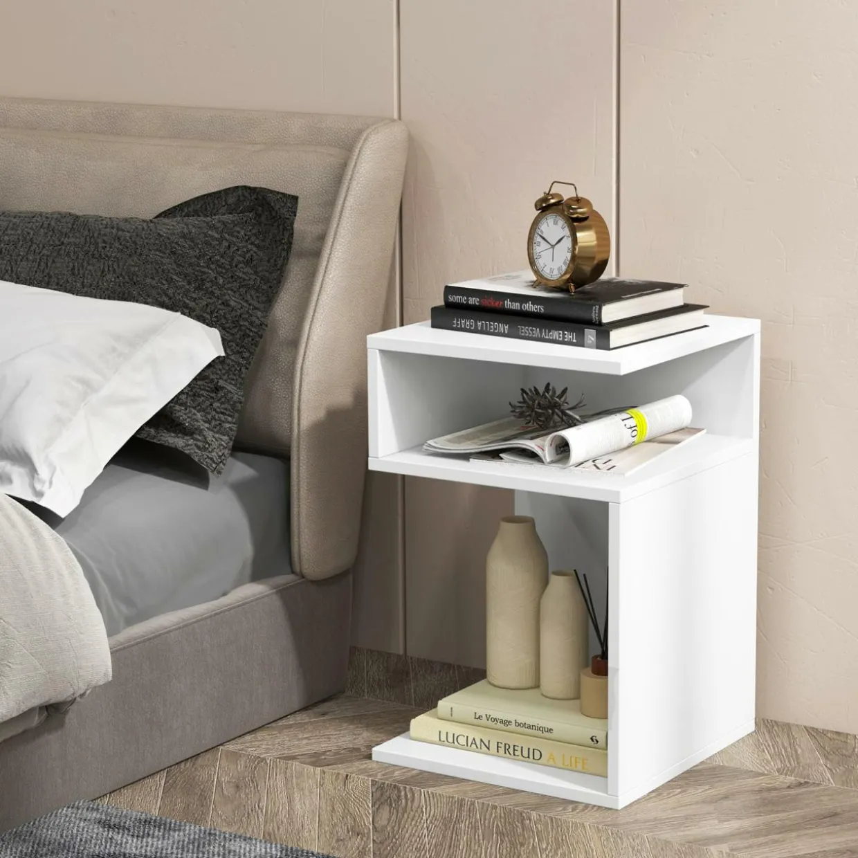 Tangkula S-Shaped Side Table, 3 Tier Wood End Table with Open Storage Shelves
