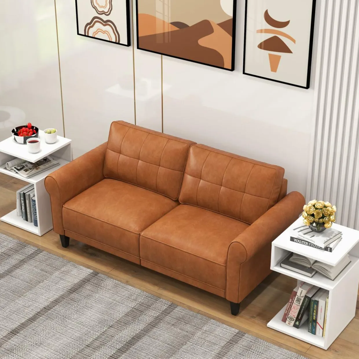 Tangkula S-Shaped Side Table, 3 Tier Wood End Table with Open Storage Shelves