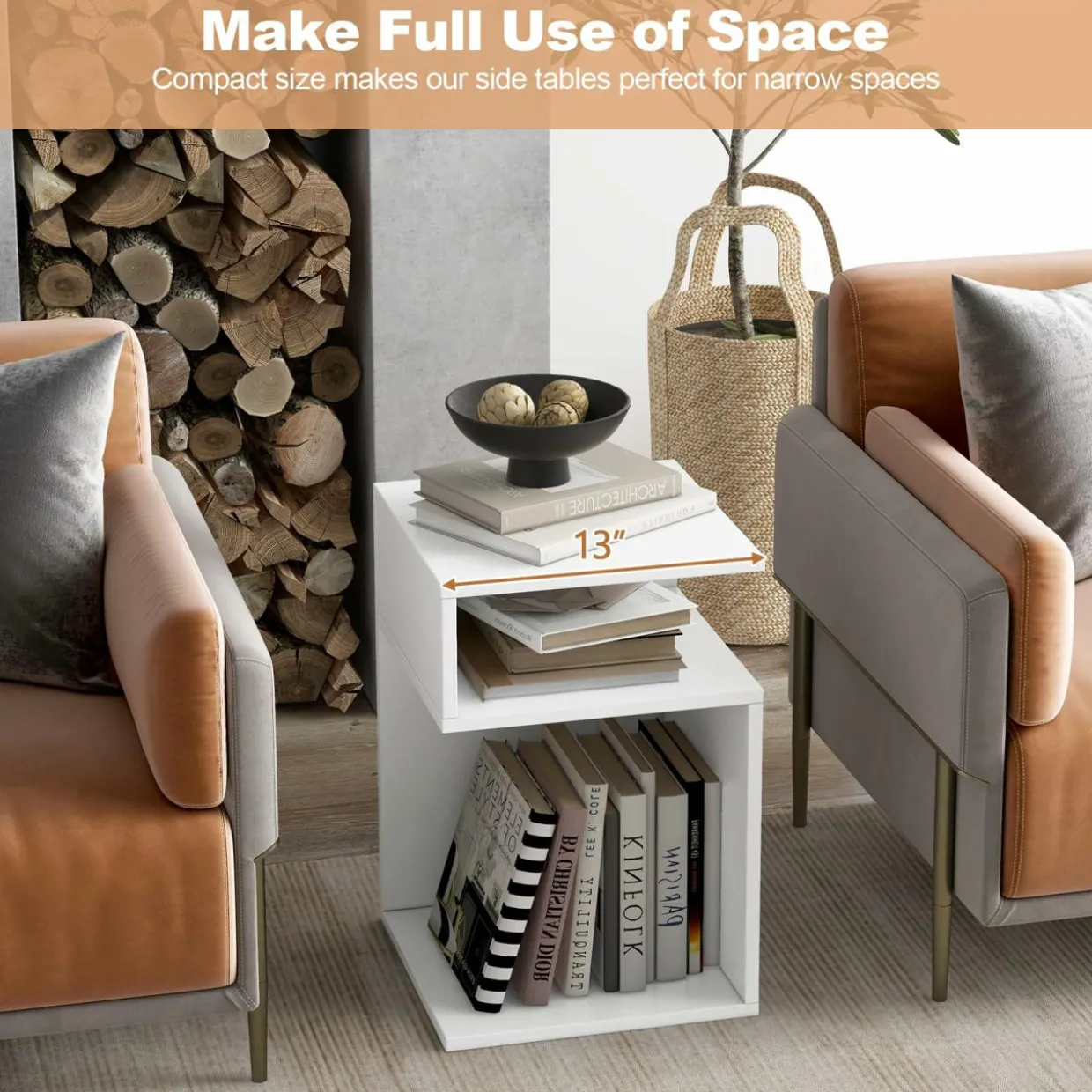 Tangkula S-Shaped Side Table, 3 Tier Wood End Table with Open Storage Shelves