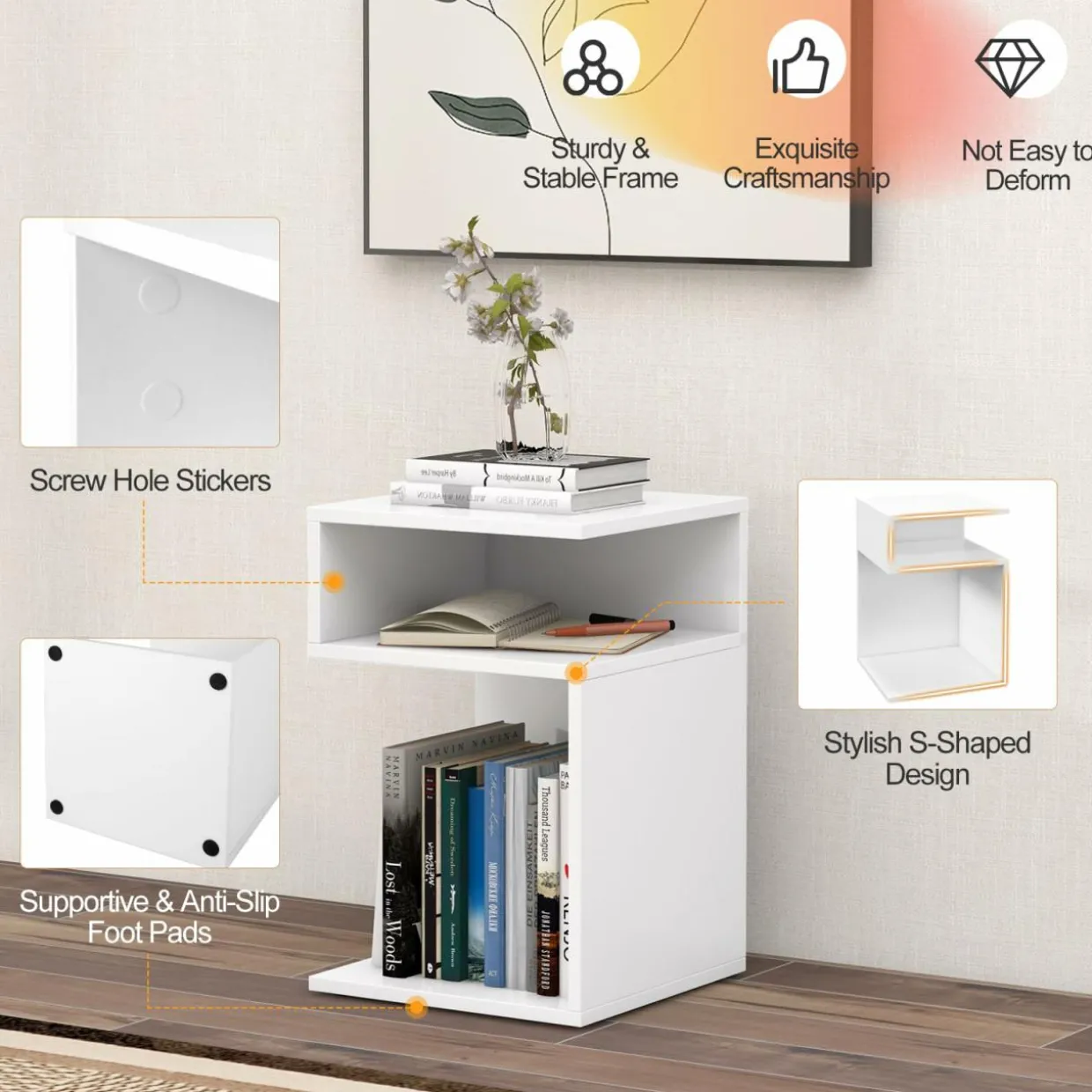 Tangkula S-Shaped Side Table, 3 Tier Wood End Table with Open Storage Shelves