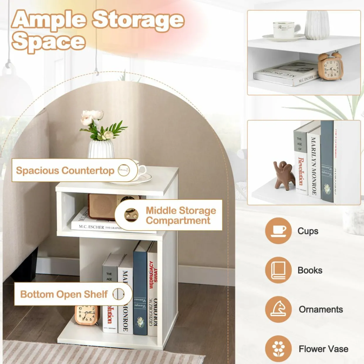 Tangkula S-Shaped Side Table, 3 Tier Wood End Table with Open Storage Shelves