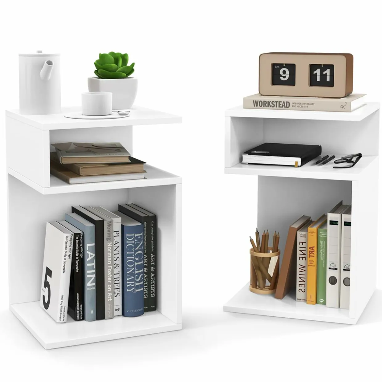 Tangkula S-Shaped Side Table, 3 Tier Wood End Table with Open Storage Shelves