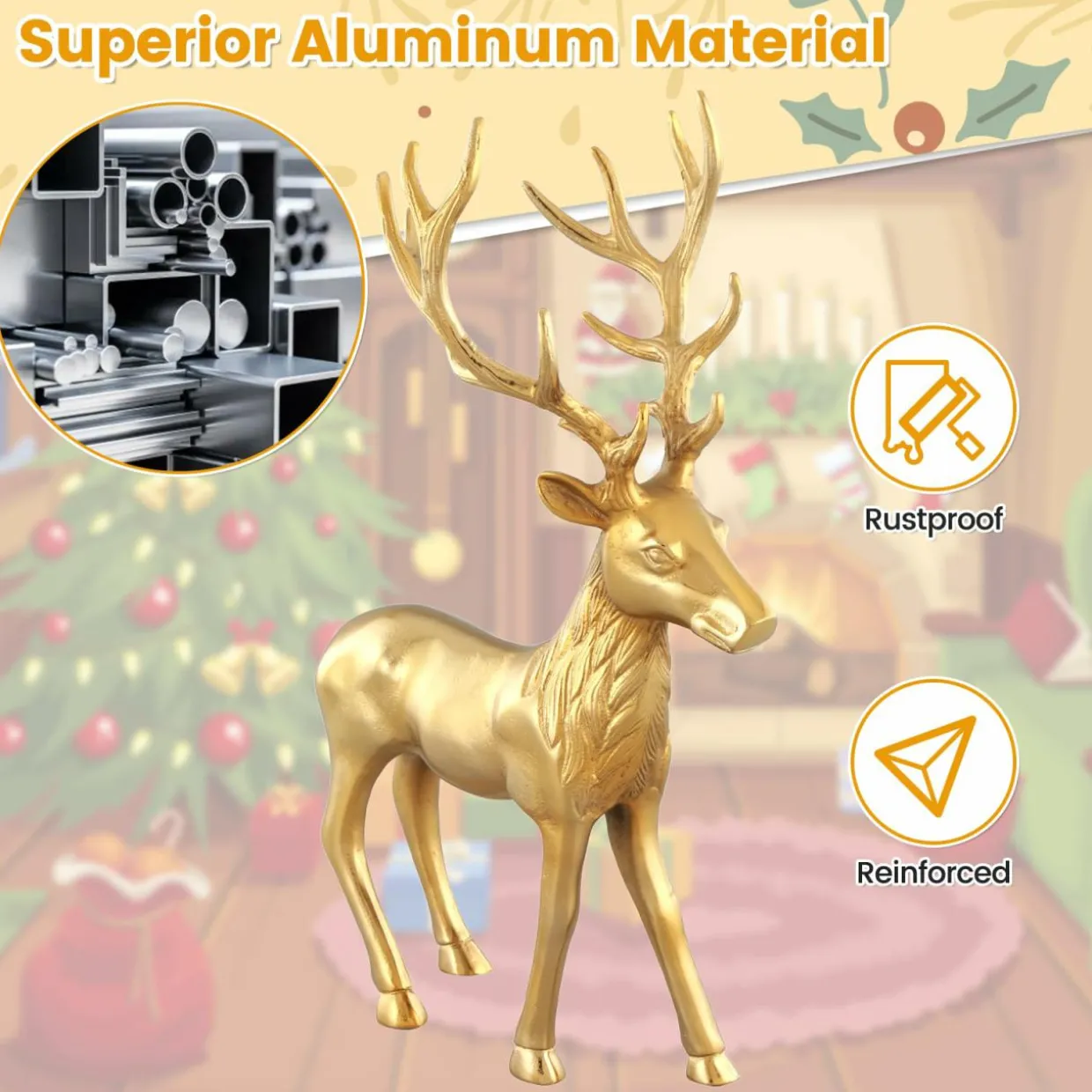 Tangkula Standing Reindeer Statue, Aluminum Deer Sculpture for Indoors, Christmas Reindeer Decor Statue for Home Office Shop School