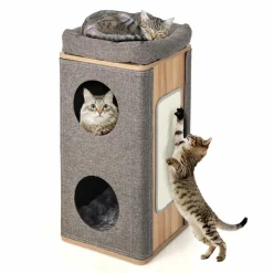 Tangkula 3-Story Cat Tree Condo, Wooden Cat House with Scratching Board