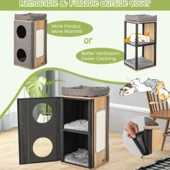 Tangkula 3-Story Cat Tree Condo, Wooden Cat House with Scratching Board