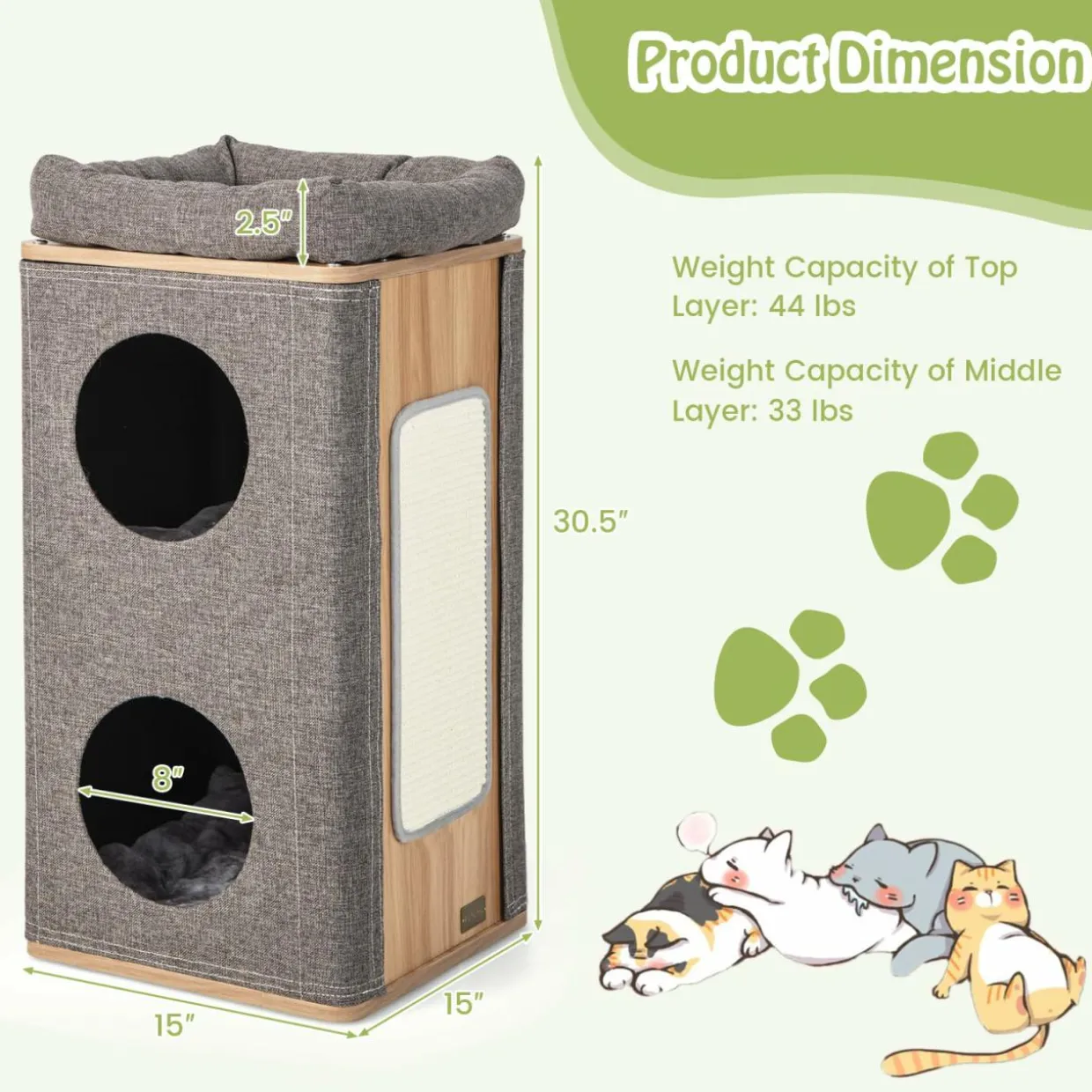 Tangkula 3-Story Cat Tree Condo, Wooden Cat House with Scratching Board
