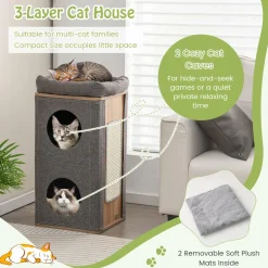 Tangkula 3-Story Cat Tree Condo, Wooden Cat House with Scratching Board