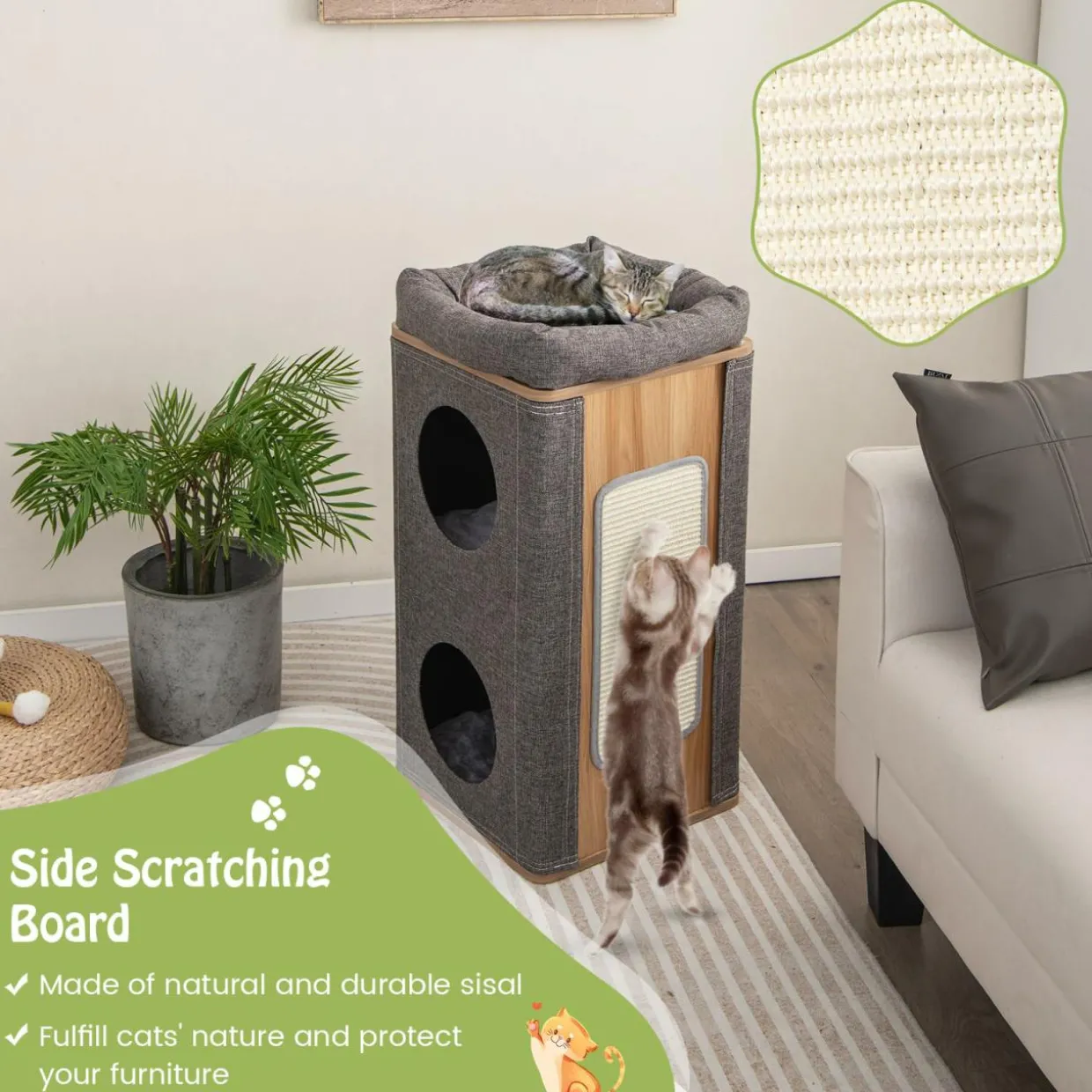 Tangkula 3-Story Cat Tree Condo, Wooden Cat House with Scratching Board