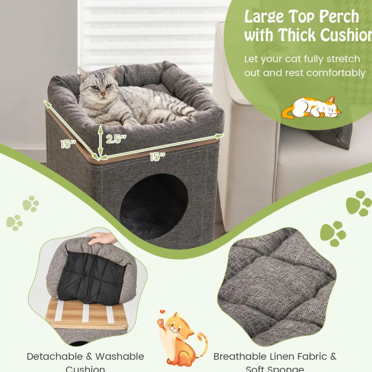 Tangkula 3-Story Cat Tree Condo, Wooden Cat House with Scratching Board