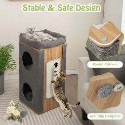 Tangkula 3-Story Cat Tree Condo, Wooden Cat House with Scratching Board