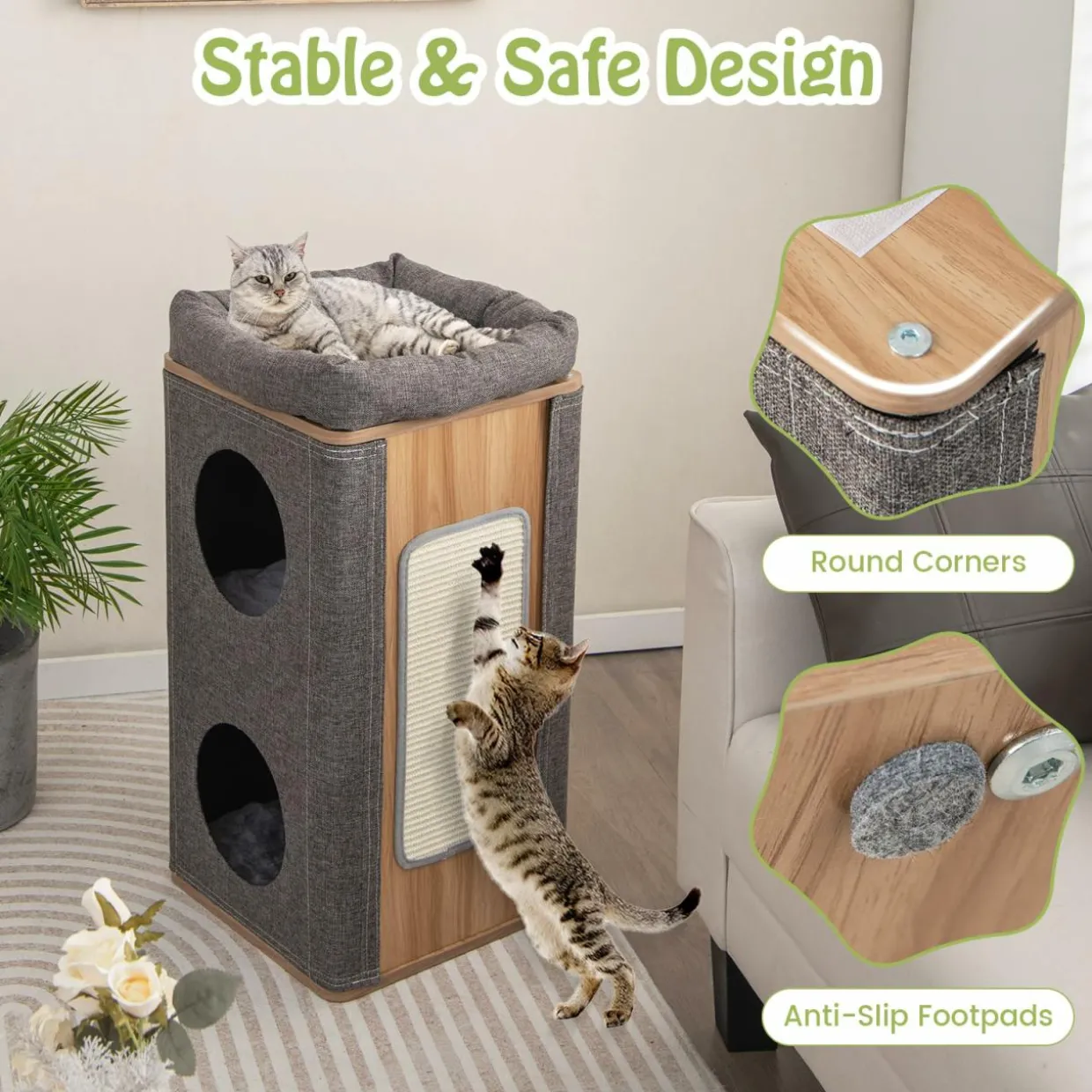 Tangkula 3-Story Cat Tree Condo, Wooden Cat House with Scratching Board
