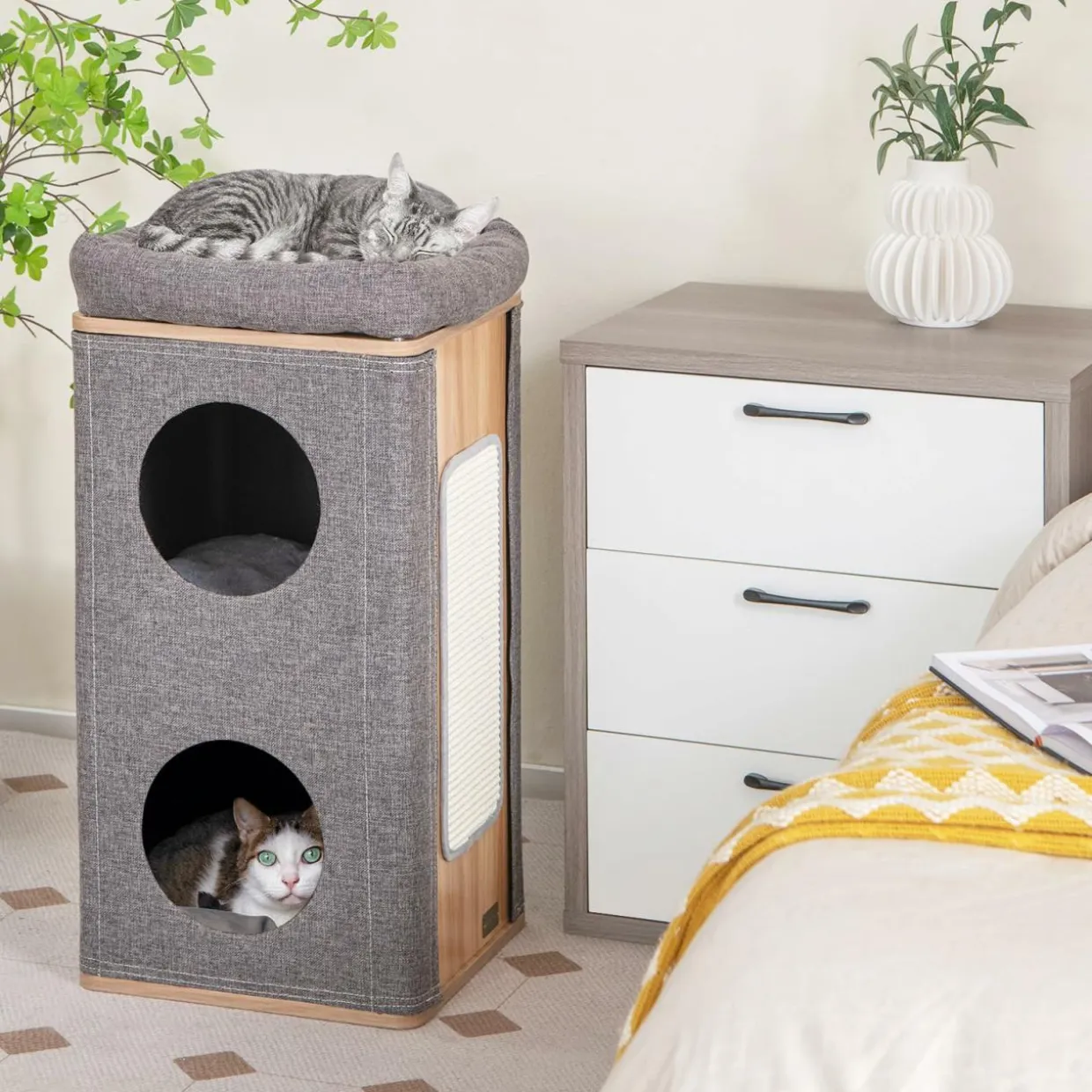 Tangkula 3-Story Cat Tree Condo, Wooden Cat House with Scratching Board