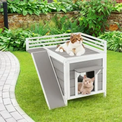 Tangkula 2-Story Outdoor Cat House, Feral Kitty Houses with Escape Doors