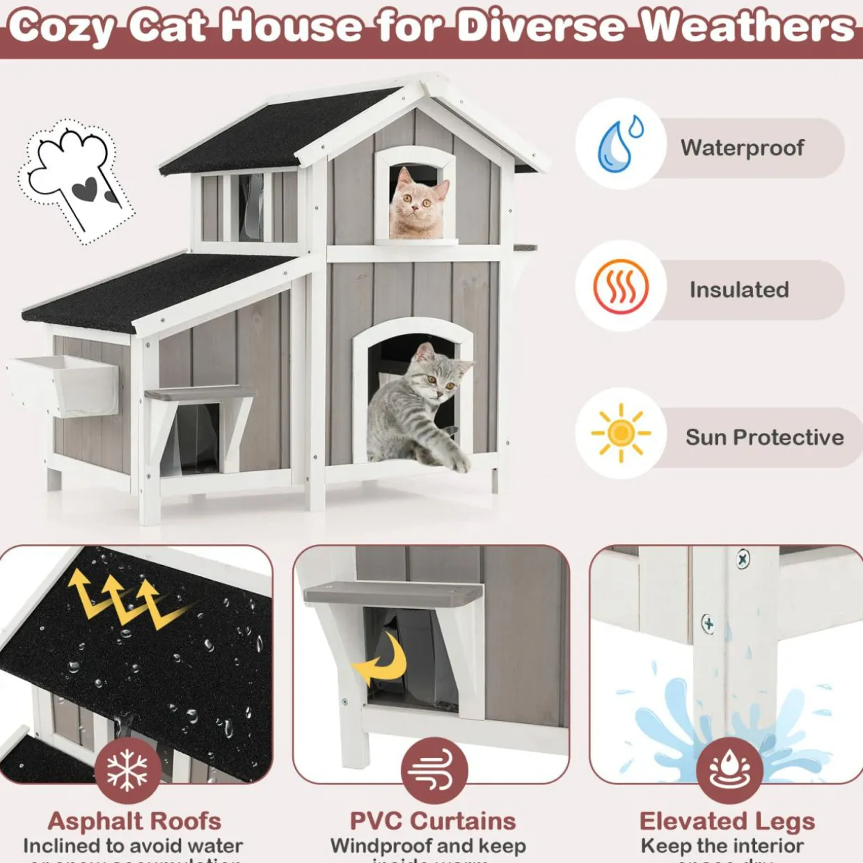 Tangkula 2-Story Outdoor Cat House with Removable Floor