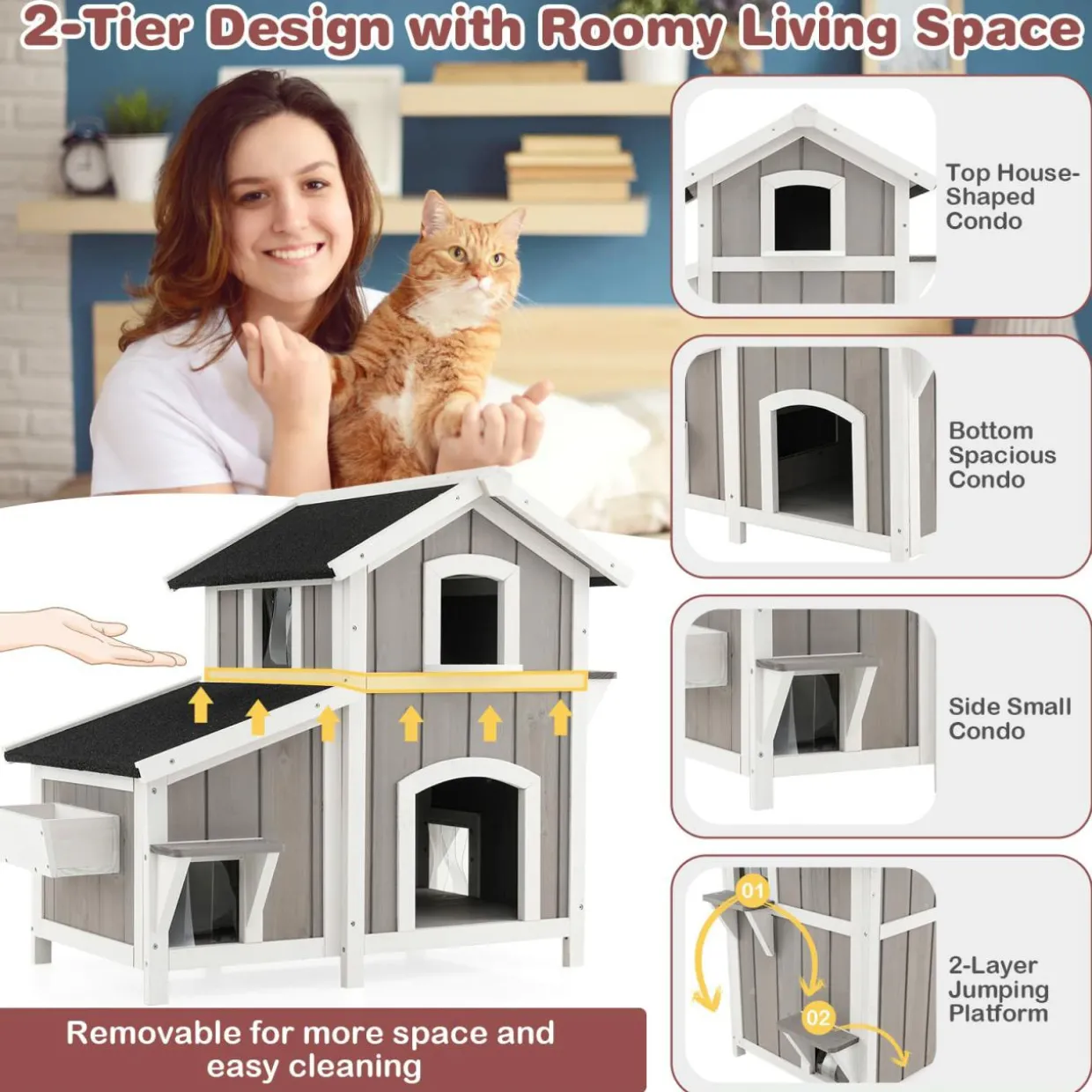 Tangkula 2-Story Outdoor Cat House with Removable Floor