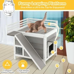 Tangkula 2-Story Outdoor Cat House, Feral Kitty Houses with Escape Doors